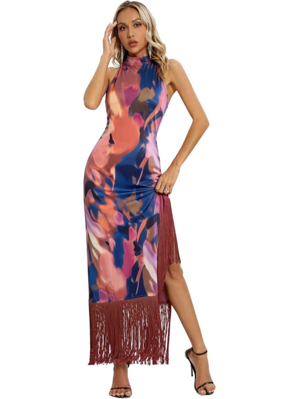 Vintage Flapper Maxi Dress for Women | Gatsby Style Halter Gown with Tassel Hem